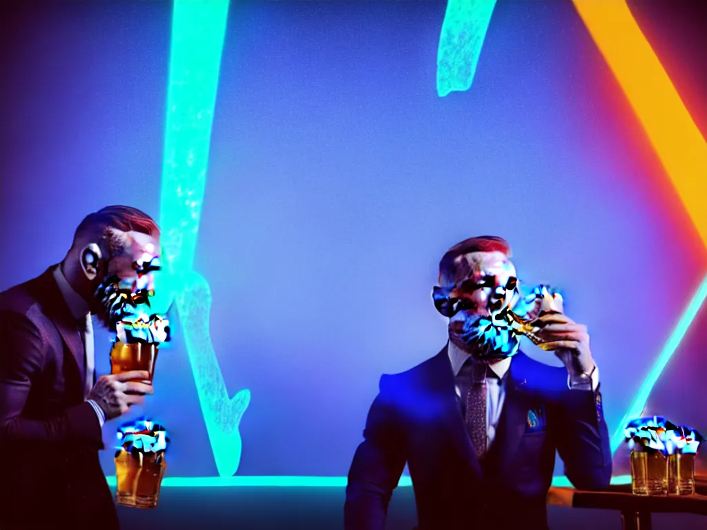 Prompt: conor mcgregor drinking a beer in an irish pub, laser show with blue cloud patterns, well framed, neon standup bar, trending on art station, in the style of the movie heat with al pacino, volumetric lighting & shadows, digital art, unreal engine, 4 0 0 mm f 1. 2,