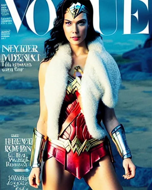 Image similar to Wonder Woman with the face of Chris Hemsworth, Vogue cover photo