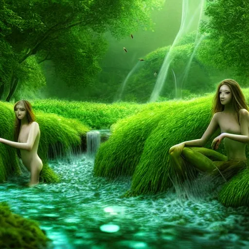 Prompt: beautiful digital fantasy illustration of A woody green field with a stream running through it, with a group of dryad women standing in the water. They seem to be preparing to submerge themselves in the cool, clear waters of the stream. cgsociety, fantasy art, highly detailed, soft lighting, rendered in octane, masterpiece, very very very aesthetic