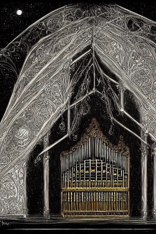 Image similar to illustration of close low angle view of an ornate obsidian gothic pipe organ with gold spidery embellishments, night, smoke, ground fog, by frank frazetta, vincent di fate, obtuse angles, lines, super detailed, digital art, trending on artstation, ornate