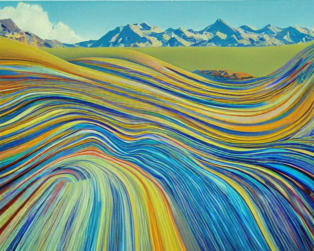 Image similar to A wild, insane, modernist landscape painting. Wild energy patterns rippling in all directions. Curves, organic, zig-zags. Saturated color. Mountains. Clouds. Rushing water. Wayne Thiebaud.