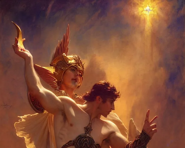 Image similar to attractive pagan male deity, summoning handsome lucifer morning star. highly detailed painting by gaston bussiere, craig mullins, j. c. leyendecker 8 k