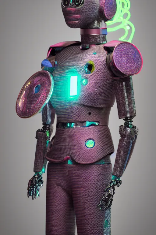 Prompt: a scene with a robot wearing a super detailed muted color diy! suit with fluo details, vivienne westwood!, detailed photoreal render octane render, pointillism, full body