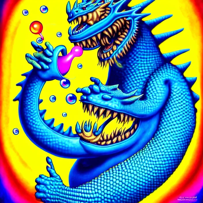 Prompt: a chubby anthropomorphic male blue dragon wearing a yellow t - shirt blowing a bubble, by alex grey, intricate details, artstation, cute, furry, psychedelic, hd, beautiful