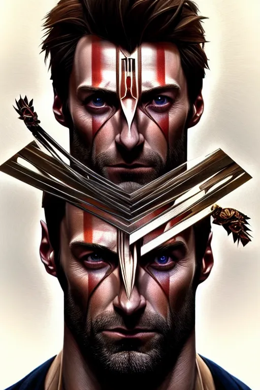 Image similar to symmetry!! portrait of hugh jackman in the boys in the style of god of war, machine parts embedded into face, intricate, elegant, highly detailed, digital painting, artstation, concept art, smooth, sharp focus, illustration, art by artgerm and greg rutkowski and alphonse mucha, 8 k