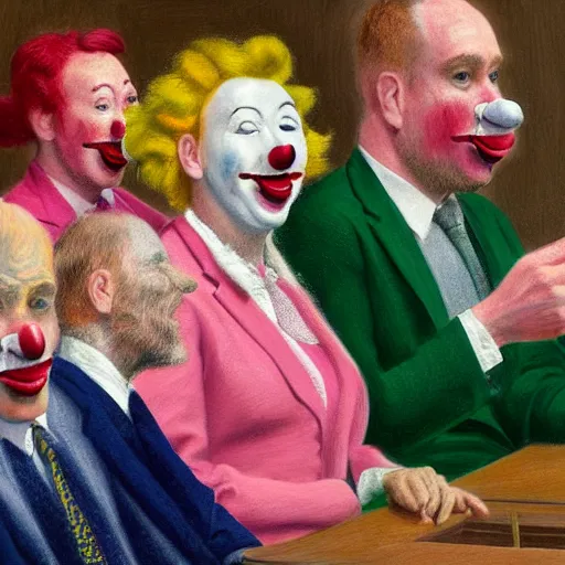 Prompt: a highly detailed beautiful portrait close up hyper realistic painting of british members of parliament in the house of commons wearing pastel coloured clown costumes with pleasant oversized joyful faces, they are smoking. in the style of edward hopper, richard hamilton. concept art. green leather benches. photographic. concept. crisp digital art. no artefacts. desaturated. high fidelity facial portrait. 8 k