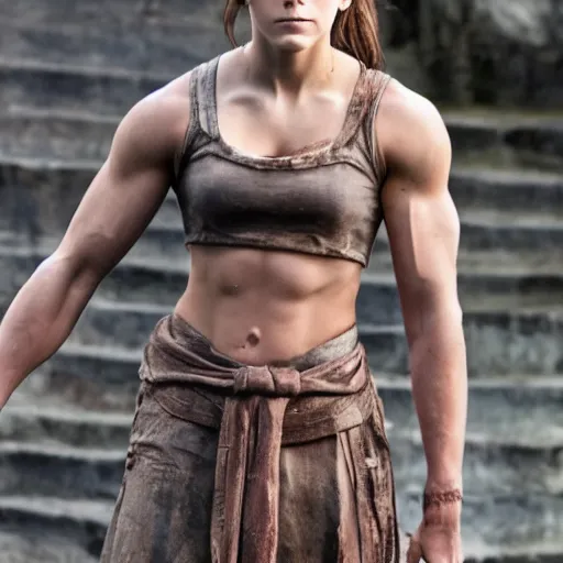 Image similar to first photos of 2 0 2 4 female 3 0 0 remake - muscular emma watson as leonidas, put on 1 0 0 pounds of muscle, looks different, steroids, hgh, ( eos 5 ds r, iso 1 0 0, f / 8, 1 / 1 2 5, 8 4 mm, postprocessed, crisp face, facial features )