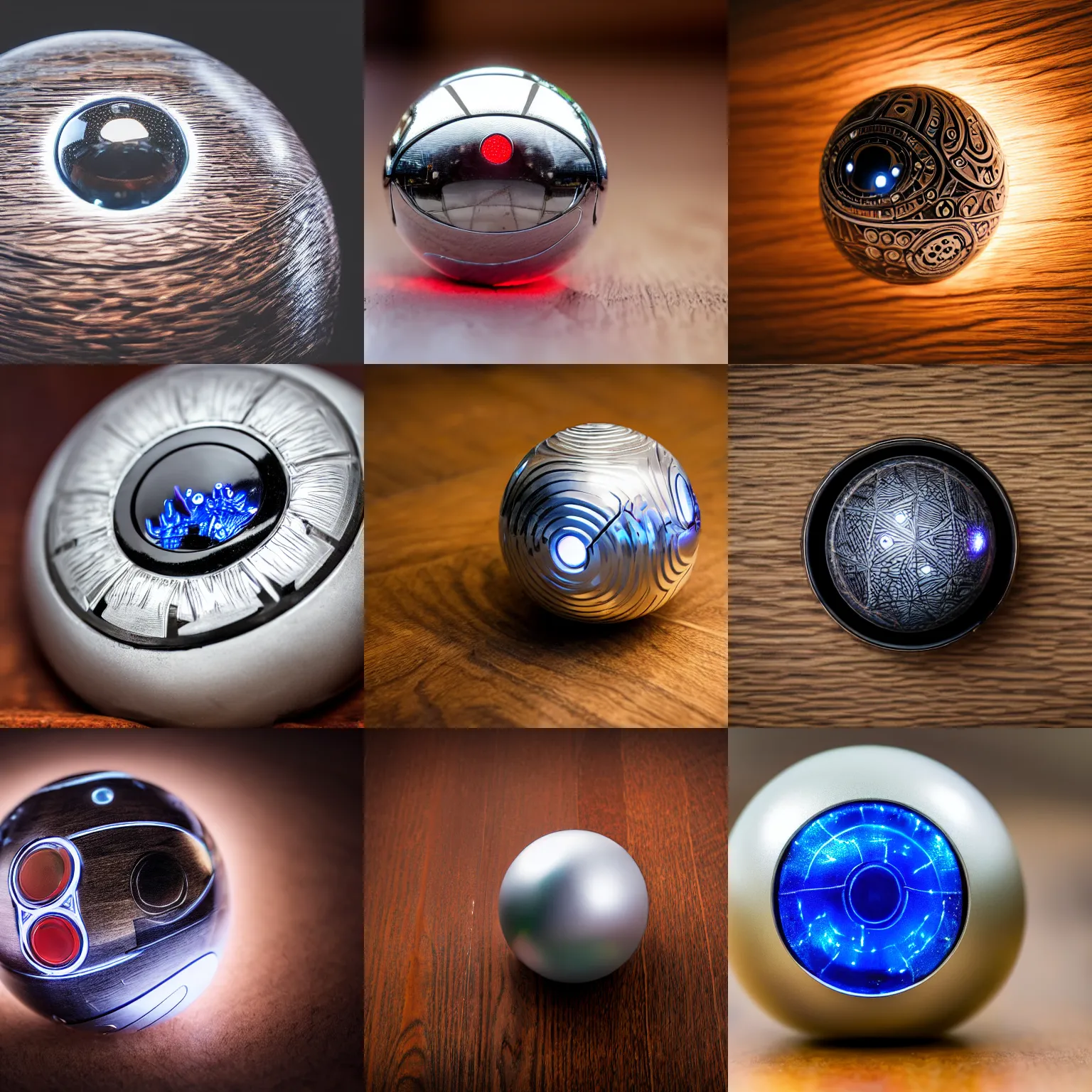 Prompt: A studio photograph of a futuristic high-tech intricate engraved chrome Poké Ball with LEDs laying on wood grain, XF IQ4, 150MP, 50mm, F1.4, ISO 200, 1/160s, natural light, Adobe Lightroom, photolab, Affinity Photo, PhotoDirector 365