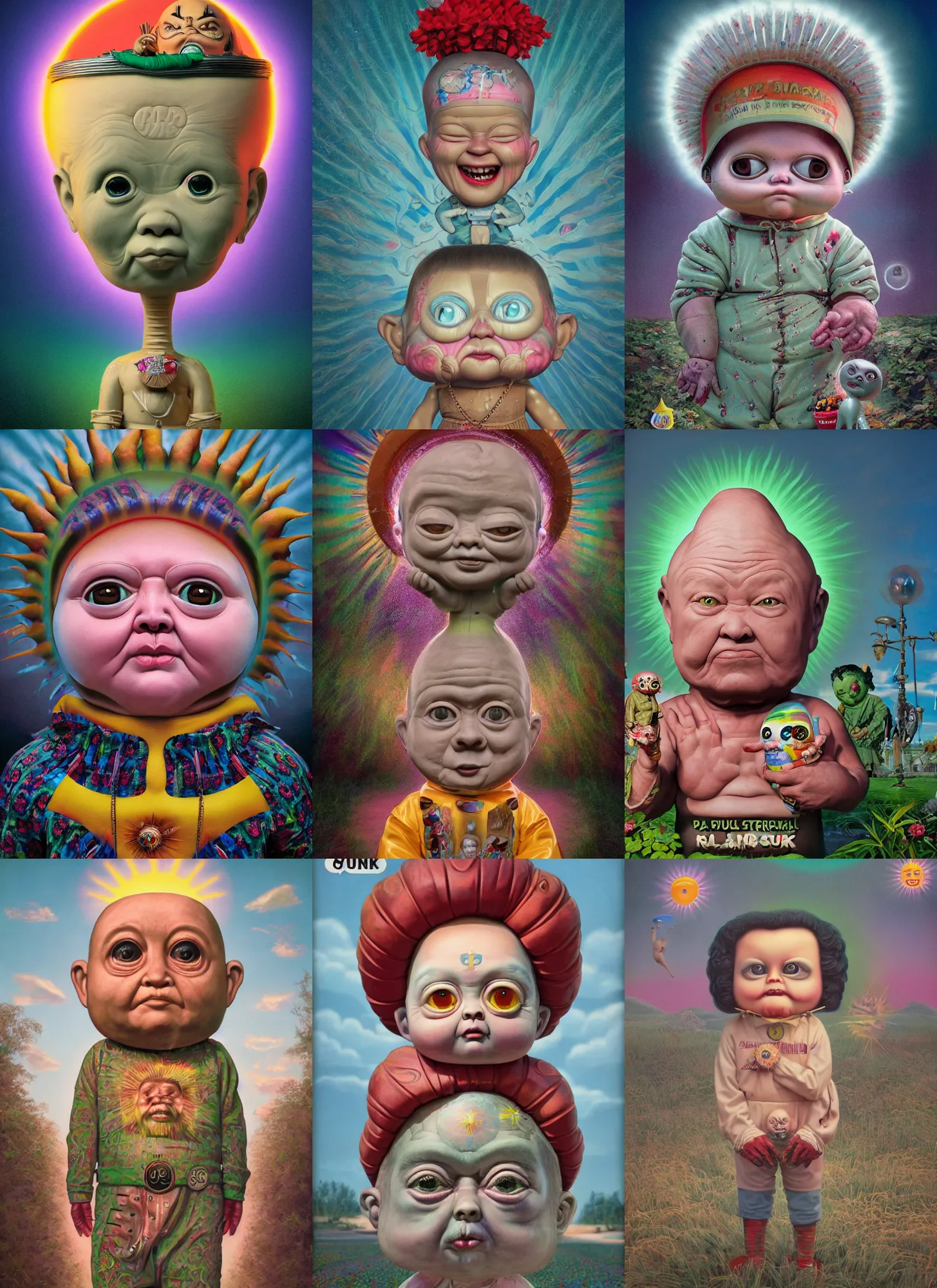 Prompt: a spiritual portrait by mark ryden, garbage pail kids, plastic toy of a selk'nam god of the sun, clean, houdini algorithmic generative render, sharp focus, cinematic lighting, octane render 8 k