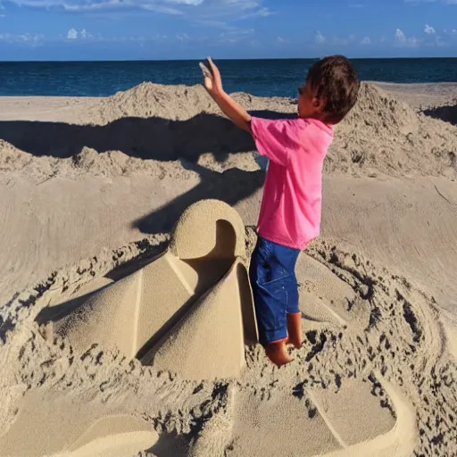 Image similar to kid standing on top of a huge sandcastle