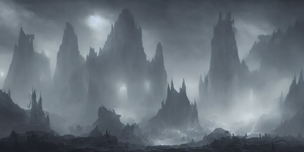 Image similar to fantasy depiction of the realm of shadows shrouded by mist trails, low saturation, high contrast, mostly greyscale, in the style of marcin rubinkowski, greg rutkowski, lorenzo lanfranconi, oleg zherebin, trending on artstation