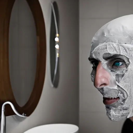 Image similar to vecna doing his daily skincare routine in a fancy bathroom, realistic photo, 4 k, uhd, mirror