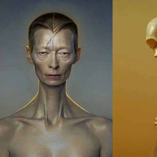 Image similar to Woman masterpiece, Tilda Swinton, yellow, golden halo behind her head, wires everywhere, by Edgar Maxence and Ross Tran, Zdzisław Beksiński, and Michael Whelan, distant, gustav dore, H.R. Giger, 8k, octane render