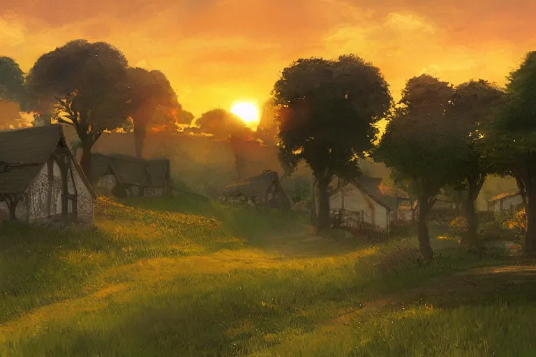 Image similar to sunset over the cottages in the shire, ghibli, artstation, award wining, rutkowski, shinkai