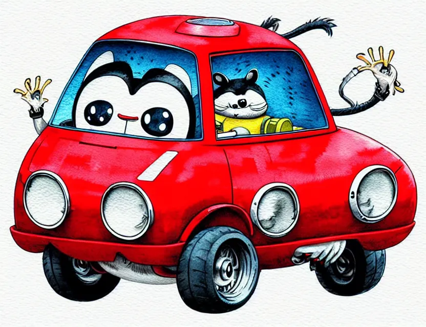Image similar to cute and funny, { racoon wearing a red helmet } riding in a tiny hot rod with oversized engine, ratfink style by ed roth, centered award winning watercolor pen illustration, isometric illustration by chihiro iwasaki, edited by range murata, tiny details by artgerm and watercolor girl, symmetrically isometrically centered