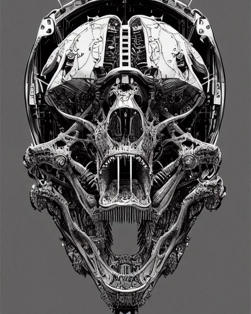 Image similar to intricate mechanical robot trex dinosaur skull, transformer, symmetrical illustration, bold line symmetrical illustration by peter gric, hr giger, kim jung gi, joe fenton, scifi, screen print, trending on art station, sharp, high contrast, ultrafine hyper detailed,