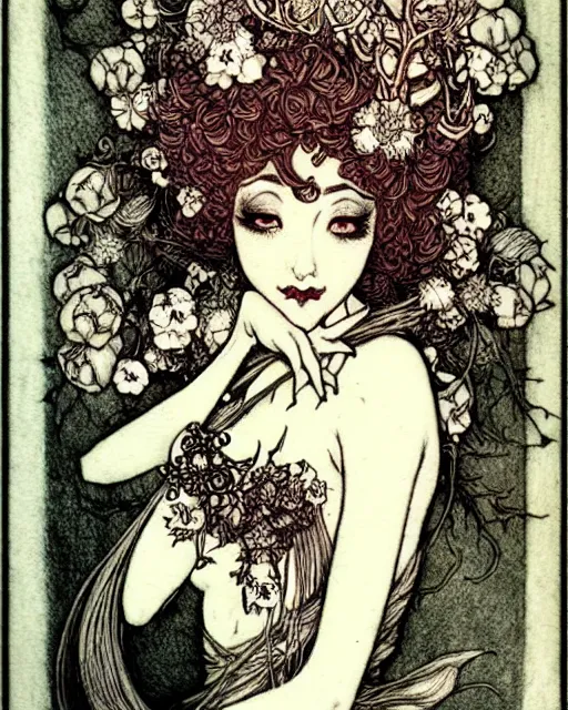 Image similar to burlesque elf, flowers in hair, fantasy character portrait, ultra realistic, concept art, intricate details, art nouveau, japanese woodblock, cinematic, highly detailed by arthur rackham