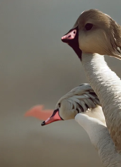 Image similar to ryan gosling fused with a goose, bird with arms, humanoid goose, natural light, bloom, detailed face, magazine, press, photo, steve mccurry, david lazar, canon, nikon, focus