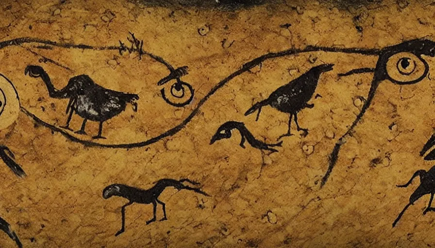 Prompt: neolithic cave painting of one eyed creatures called patapons fighting a giant bird, 4 k, history channel, psp, japan studio game, art by rolito, high quality