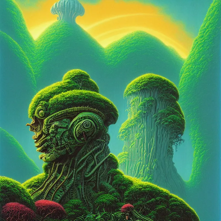 Image similar to giant sleeping biomechanical stone head sailing over lush rainforest mountaintops, synthwave, bright neon colors, highly detailed, cinematic, tim white, vladimir kush, philippe druillet, roger dean, bob eggleton, michael whelan, boris vallejo, alfred kelsner, kubrick, jaroslaw jasnikowski