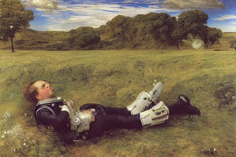 Image similar to sad portrait of an astronaut in a meadow by sir john everett millais, photorealistic, hyperdetailed, ethereal, masterpiece, oil painting