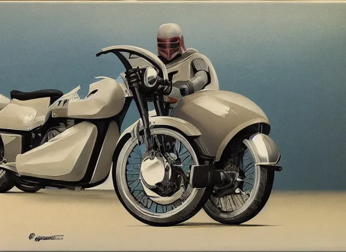 Prompt: ( ( ( ( ( classic ralph mcquarrie star wars motorcycle concept art, 1 9 5 0 s scrambler, 1 9 6 0 s cafe racer, sci - fi illustration, painting, star wars ) ) ) ) ) by ralph mcquarrie!!!!!!!