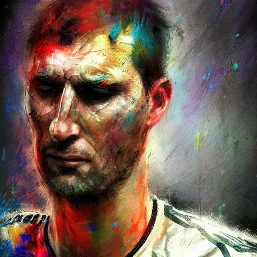 Image similar to A realistic hyperdetailed multi-colored digital oil full body portrait painting of a goal keeper crying on a soccer field in the style of Guy Denning, Ruan Jia, and Craig Mullins. Trending on ArtStation and DeviantArt. CGSociety Digital art.