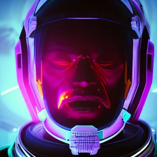 Prompt: synthwave demonic astronaut face with neon horns, detailed face, sharp focus, synthwave art, aesthetic, octane render, raw, cinematic