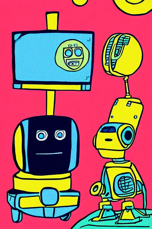 Image similar to an illustration of robots watching tv in the style of goodnight moon by margaret wise brown