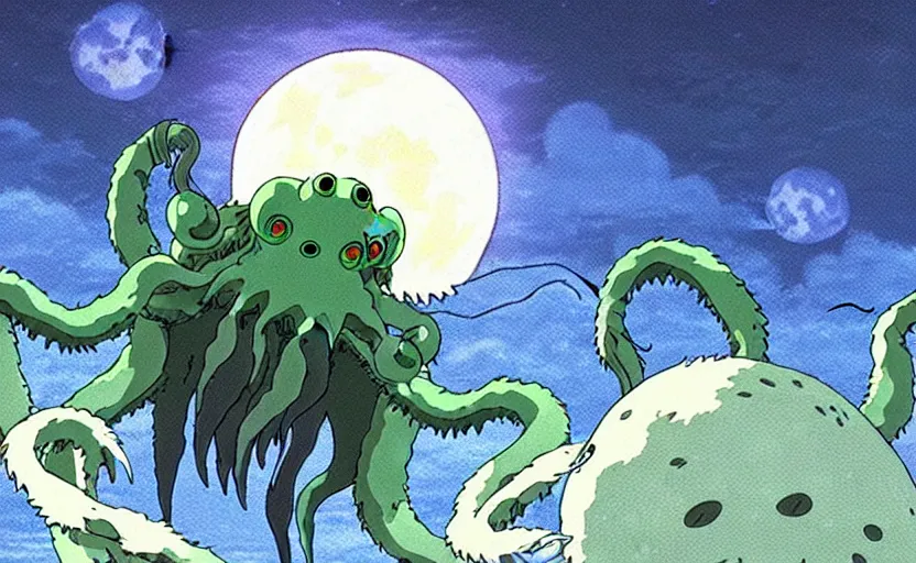 Image similar to a still from a studio ghibli movie of a cartoon cthulhu from princess mononoke ( 1 9 9 7 ) firing laser beams from its eyes in front of a pale full moon, full body, wide shot, very dull muted colors, studio ghibli, highly detailed, deviantart, art by artgem