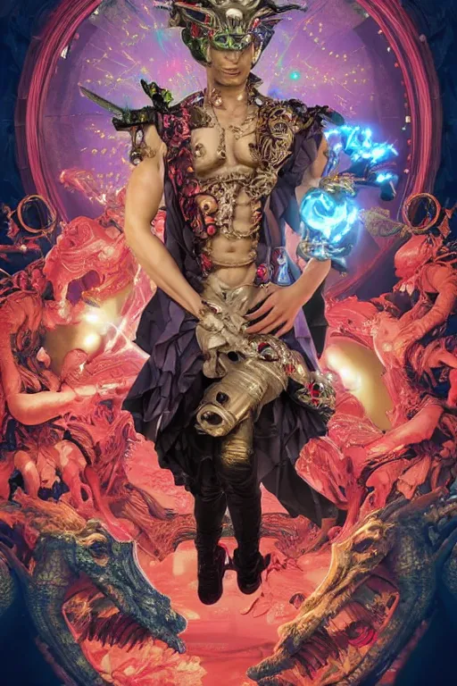 Image similar to full-body rococo and cyberpunk style sculpture of a young handsome Spanish prince half android with a chest exposing a glowing orange gem, glowing pink laser eyes, crown of blue gears and giant diamonds, swirling salmon-colored silk fabric, robotic raptors dinosaurs. baroque elements. full-length view. intricate artwork by caravaggio. Trending on artstation, octane render, cinematic lighting from the right, hyper realism, octane render, 8k, depth of field, 3D