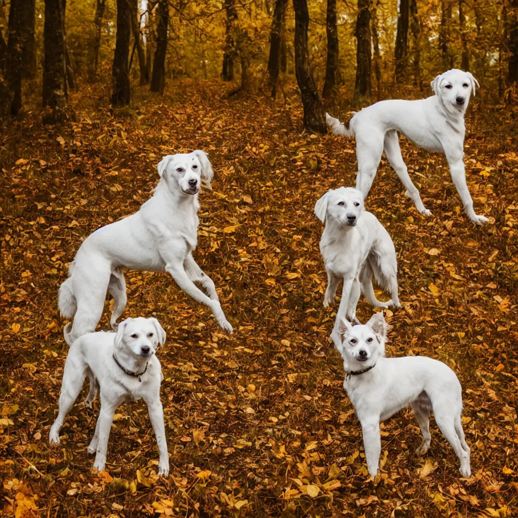 Image similar to one white laika dog, autumn, foggy old forest, very detailed, 4 k, professional photography