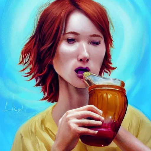 Prompt: epic portrait a drunk women drinking honey from a big wooden cup, Red nose, freckles, beauty, pretty face, glossy skin, red bang hair, white blouse with short sleeves, digital painting, artstation, concept art, soft light, hdri, smooth, sharp focus, illustration, fantasy, intricate, elegant, highly detailed, D&D, matte painting, in the style of Greg Rutkowski and Alphonse Mucha and artemisia, 8k, highly detailed, jurgens, rutkowski, bouguereau, pastoral, rustic, georgic