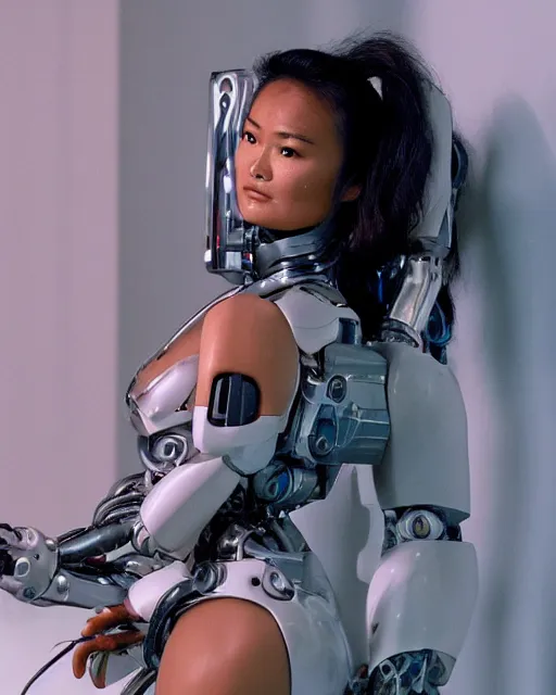 Prompt: blissful young tia carrere as a solarpunk mecha humanoid robotic parts with bright led lights, real human face, pudica pose gesture, by michelangelo, in white room, ultra - realistic and intricate, portrait shot 8 k