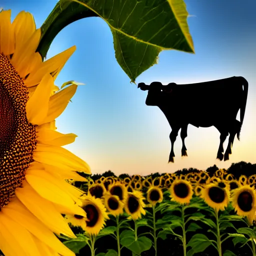 Image similar to spider sitting on a sunflower, cow in the background, depth of field, ultra realistic, cinema, sunset, photo
