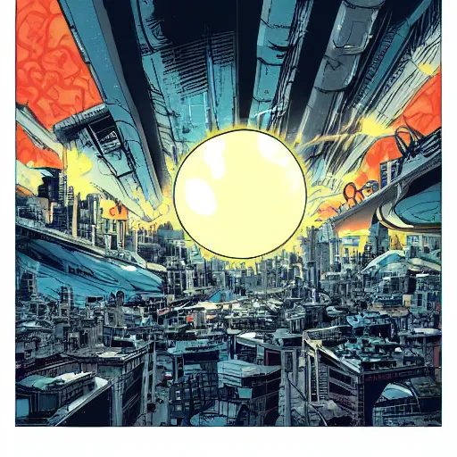 Image similar to adularia, apocalyptic spherical explosion, city, akira art style
