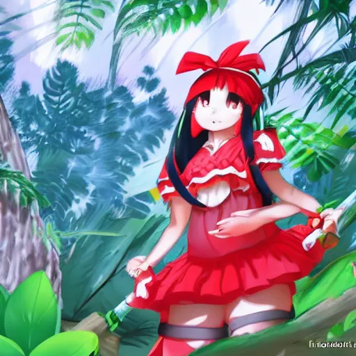 Prompt: a medibang of reimu in the jungle wearing bonnet