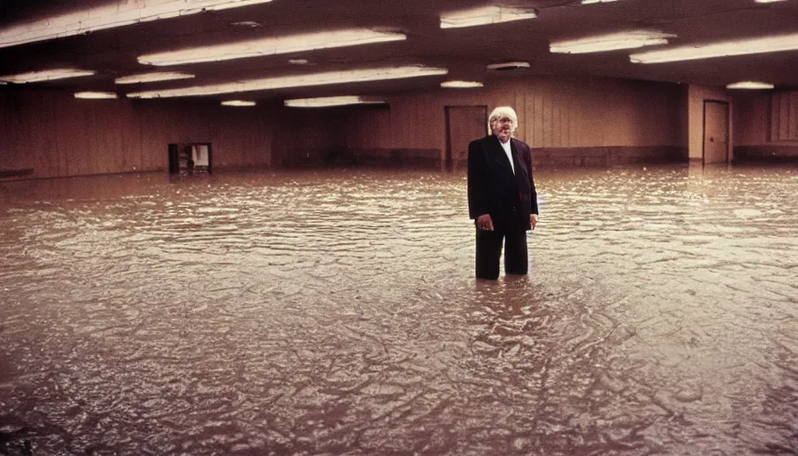 Prompt: 7 0 s movie still of an old man standing in a soviet ballroom flooded in mud, cinestill 8 0 0 t 3 5 mm, heavy grain, high quality, high detail