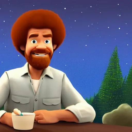 Image similar to bob ross as a pixar character