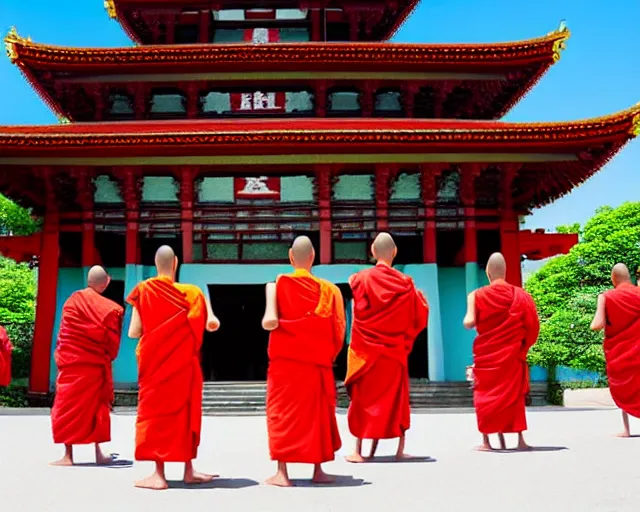 Prompt: a hyperrealistic scenery of 6 monks meditating in front of pagoda temple, extreme wide shot