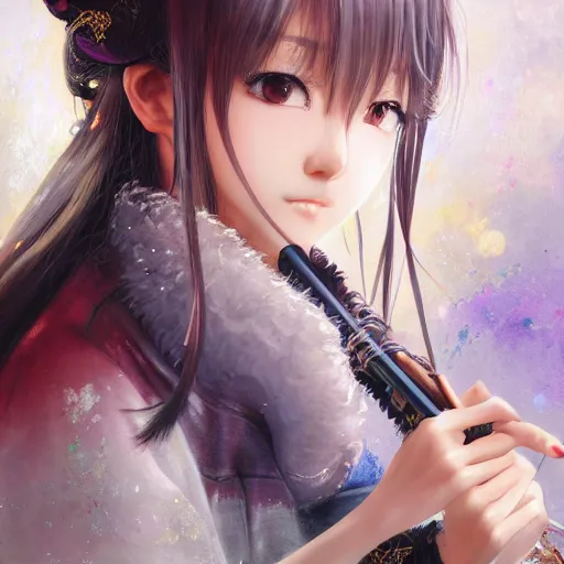 Image similar to dynamic composition, motion, ultra-detailed, incredibly detailed, a lot of details, amazing fine details and brush strokes, colorful and grayish palette, smooth, HD semirealistic anime CG concept art digital painting, watercolor oil painting of a young C-Pop idol girl, by a Chinese artist at ArtStation, by Huang Guangjian, Fenghua Zhong, Ruan Jia, Xin Jin and Wei Chang. Realistic artwork of a Chinese videogame, gradients, gentle an harmonic grayish colors.