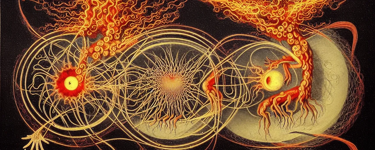 Image similar to a strange fire creature with endearing eyes radiates a unique canto'as above so below'while being ignited by the spirit of haeckel and robert fludd, breakthrough is iminent, glory be to the magic within, in honor of saturn, painted by ronny khalil