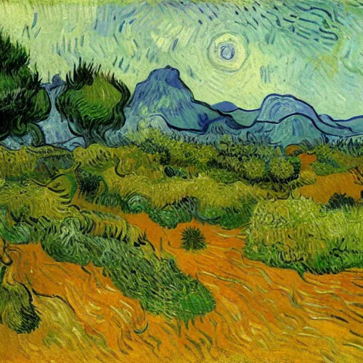 Image similar to painting of a lush natural scene on an alien planet by vincent van gogh. beautiful landscape. weird vegetation. cliffs and water.