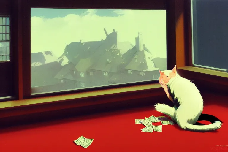 Image similar to anime key visual of anime cat girl losing all of her money on the stock market, panic red charts, line on big monitor screen going down, style of jamie wyeth james gilleard edward hopper greg rutkowski acrylic painting, preserved museum piece, historical