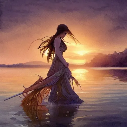 Image similar to River leading into a sunset, Watercolor, photorealistic, high resolution, award winning, trending on artstation, intricate, elegant, highly detailed, digital painting, artstation, concept art, smooth, sharp focus, illustration, art by artgerm and greg rutkowski and alphonse mucha