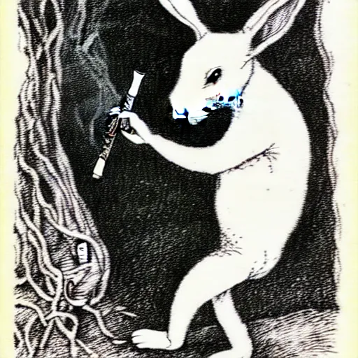 Image similar to a pen and ink drawing of a white rabbit smoking a smokey cigarette while reclining in a deep dark tangled forest, childrens book illustration, by edward gorey, by gustav dore