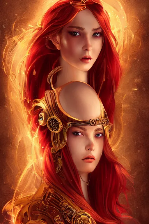 Image similar to a beautiful image of a young woman, steampunk Chandra queen of fire, big google over head, long flowing hair of fire, steampunk costume mostly red and gold young female face, cinematic top lighting, insanely detailed and intricate, face by wlop, Charlie Bowater, golden ratio, symmetric, elegant, ornate, luxury, elite, matte painting, cinematic, trending on artstation, dewviantarta and cgsociety, 8k, high resolution