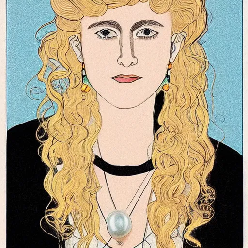 Image similar to Print. A beatiful portrait of a young woman, pictured from the shoulders up, wearing a pearl necklace and earrings. She has blonde hair that is styled in loose curls, and she is looking to the side with a soft expression. by Jillian Tamaki, by Mœbius minimalist, forbidding