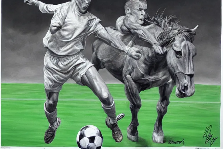 Image similar to beautiful lifelike painting of david beckham human horse centaur soccer star, majestic cinematic, hyperreal detailed facial features and uv lighting, art by ed roth and basil wolverton