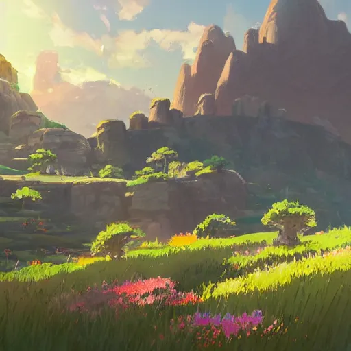 Image similar to pastel landscape of an open rocky field. a few flowers. clean sharp digital art, environment concept art, by rossdraws, ghibli, breath of the wild, greg rutkowski